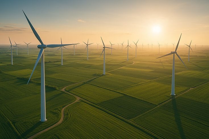 Wind turbines across farmland at sunrise