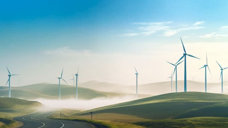 Wind turbines on green hills beside a road